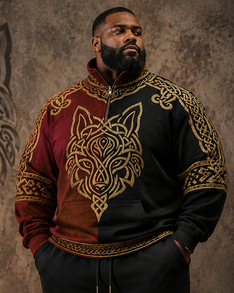 Big & Tall Men's Red And Black Colorblock Viking Wolf Totem Print Half Zip Sweatshirt Set