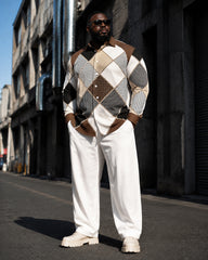 Big & Tall Men's Retro Rhombus Patchwork Printed Long Sleeve Shirt Trousers Suit