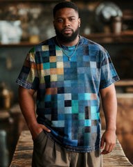 Big & Tall Men's Colorful Patchwork Printed Round Neck Short Sleeve Tee