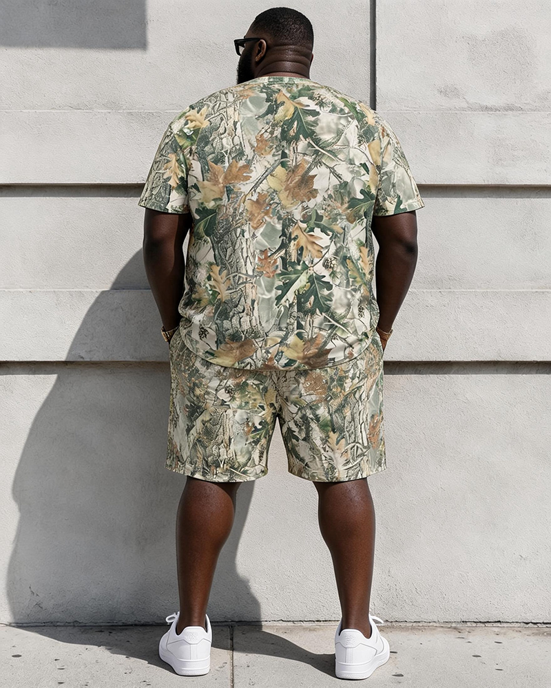 Big & Tall Men's Jungle Leaf Camouflage JESUS IS KING Printed Round Neck Short Sleeve T-Shirt Shorts Set