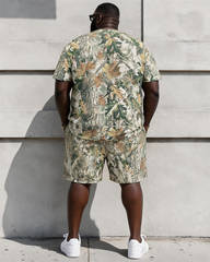 Big & Tall Men's Jungle Leaf Camouflage JESUS IS KING Printed Round Neck Short Sleeve T-Shirt Shorts Set