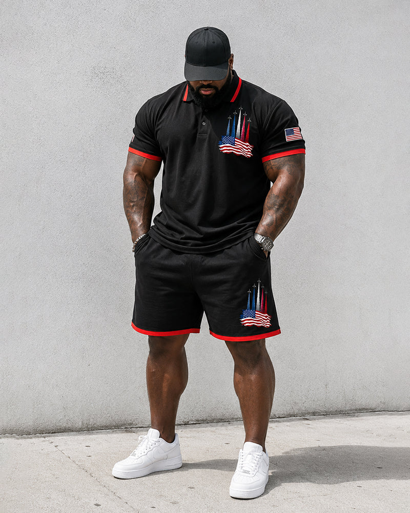 Big & Tall Men's Flag Rocket Print POLO Short Sleeve Shorts Set