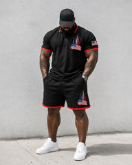 Big & Tall Men's Flag Rocket Print POLO Short Sleeve Shorts Set