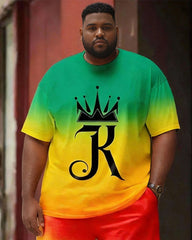 Big & Tall Men's Reggae Color Crown K Gradient Printed Crewneck Short Sleeve T-Shirt Shorts Set