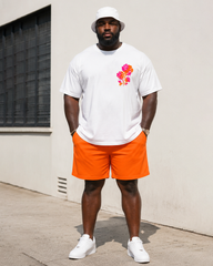 Big & Tall Men's Gradient Rose Handwritten English Printed Round Neck Short Sleeve T-shirt Shorts Set