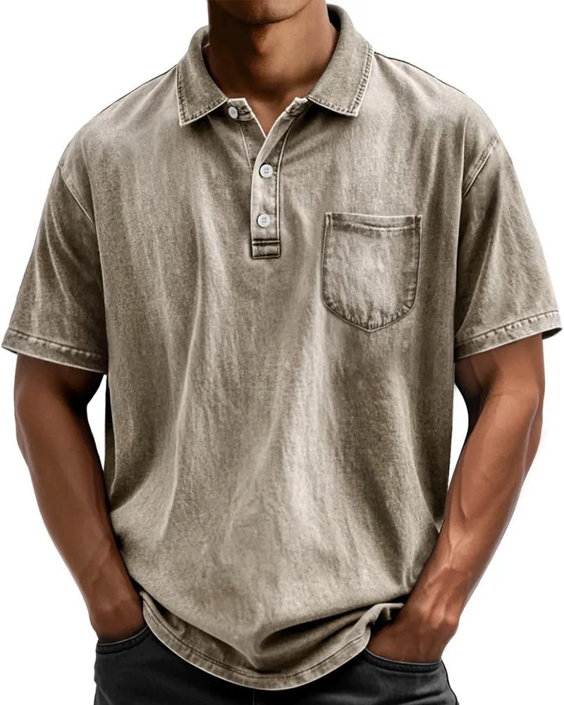 S-5XL Washed Cotton Casual All-Match Short-Sleeve Button-down Polo Shirt With Lapel Collar