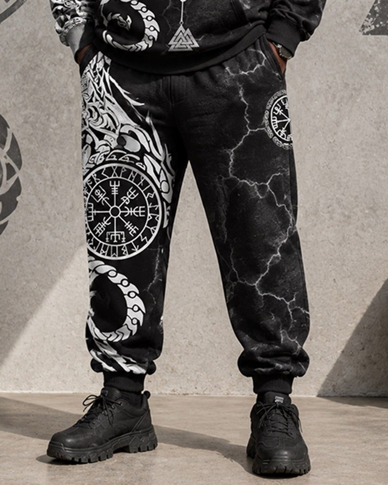 Big & Tall Men's Crack Dragon Compasses Totem Print Half-Zip Sweatshirt Set