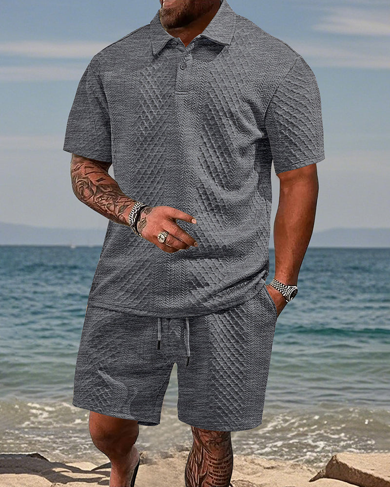 S-5XL Jacquard Men's Casual Sports Lapel Polo Shirt Short Sleeve Suit