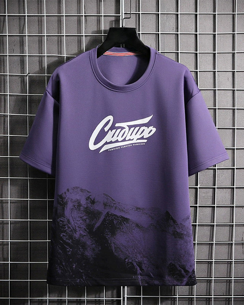 M-8XL Mountains Letter-Print Short-Sleeve Tee
