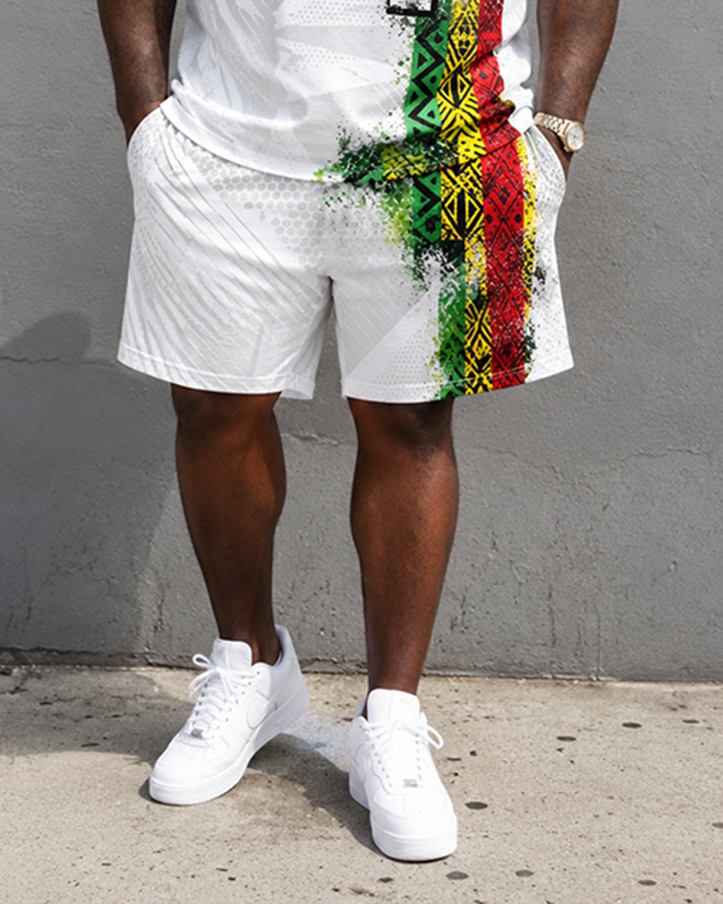 Big & Tall Men's Reggae Cross Printed Round Neck Short Sleeve T-Shirt Shorts Set