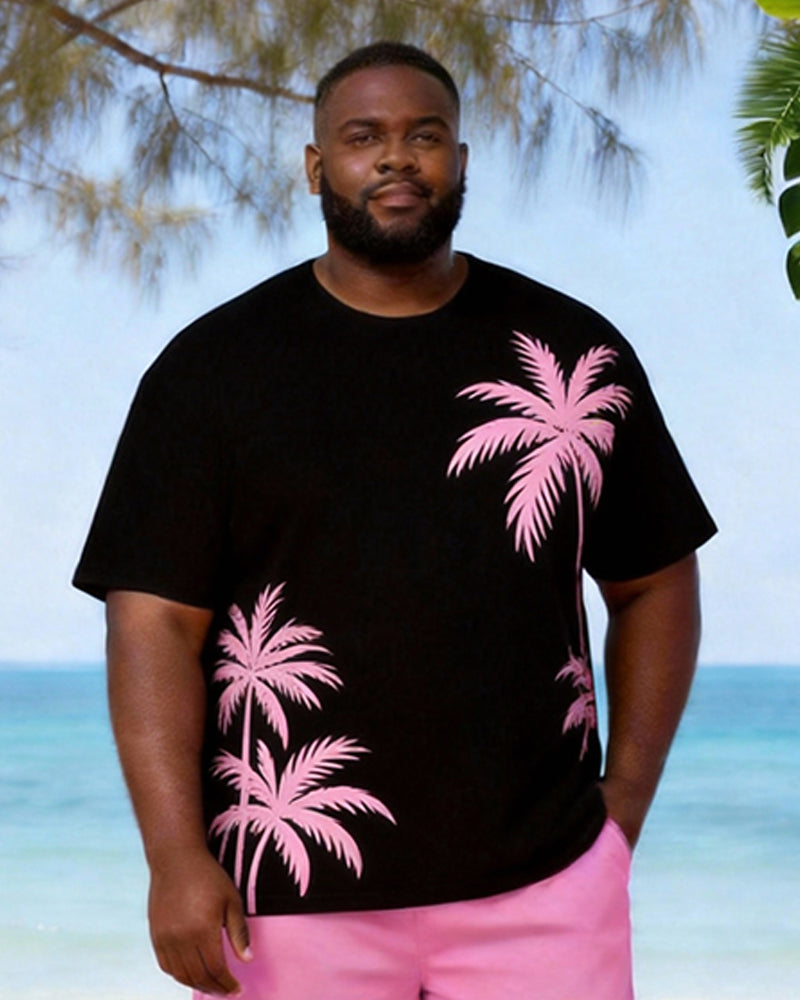 Big & Tall Men's Black Powder Coconut Print Round Neck Short Sleeve T-Shirt Shorts Set