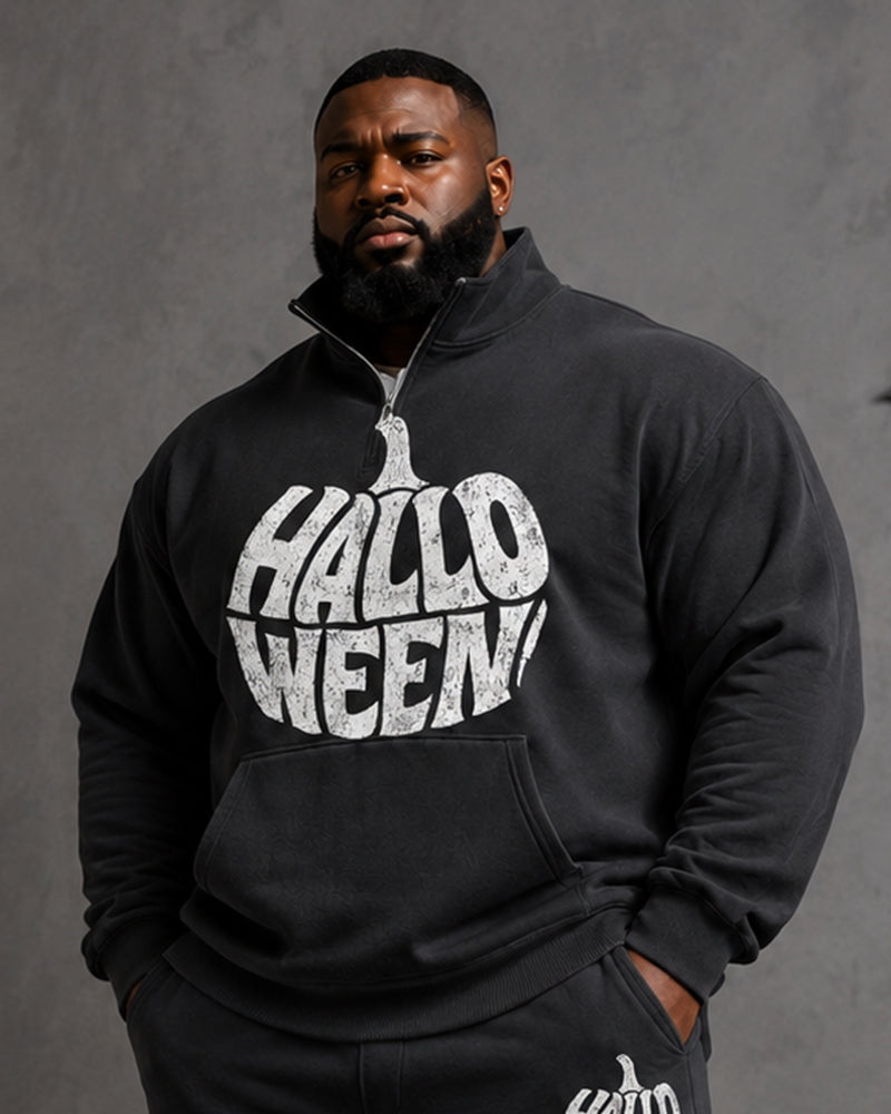Big & Tall Men's Vintage Halloween Alphabet Pumpkin Print Half Zip Sweat Set