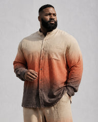 Big & Tall Men's Retro Coffee Orange Gradient Printed Collar Long Sleeve Shirt Pants Suit