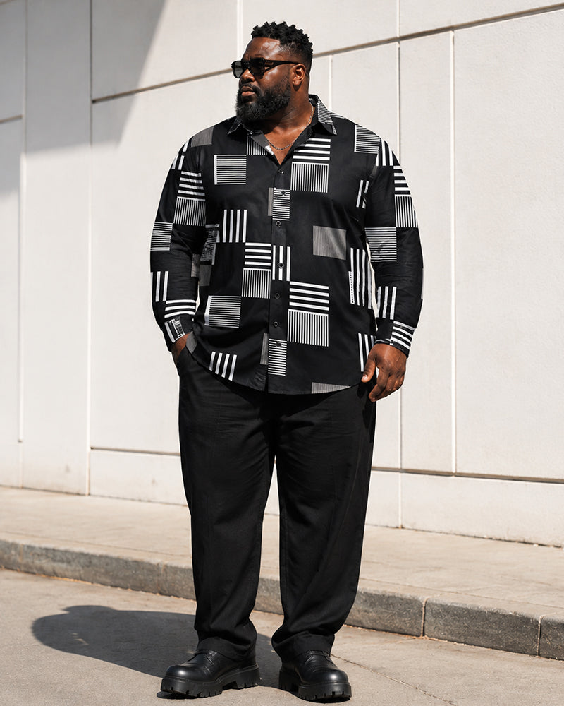 Big & Tall Men's Geometric Square Stripe Print Long Sleeve Shirt Pants Set
