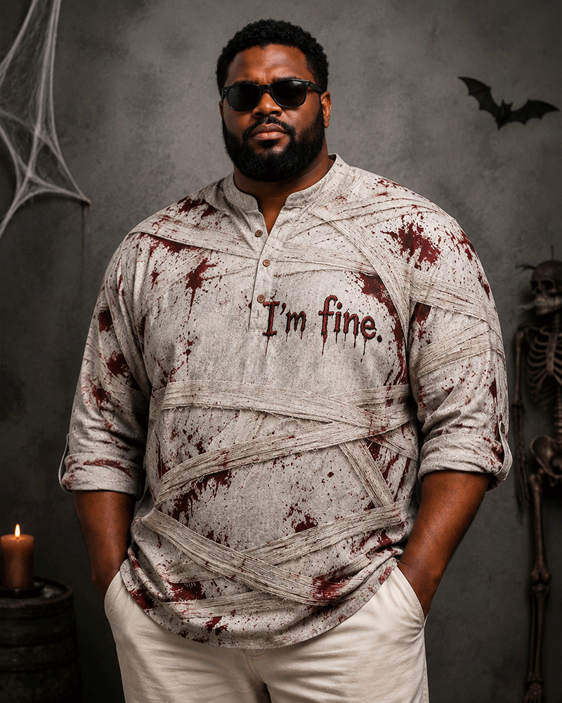 Big & Tall Men's Halloween Mummy Bloodstain I'm Fine Printed Stand-collar Long-sleeved Shirt
