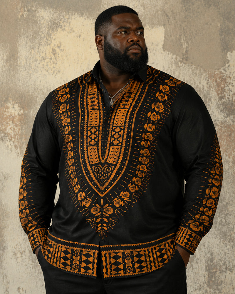 Big & Tall Men's Black Black Black African Print Long Sleeve Shirt