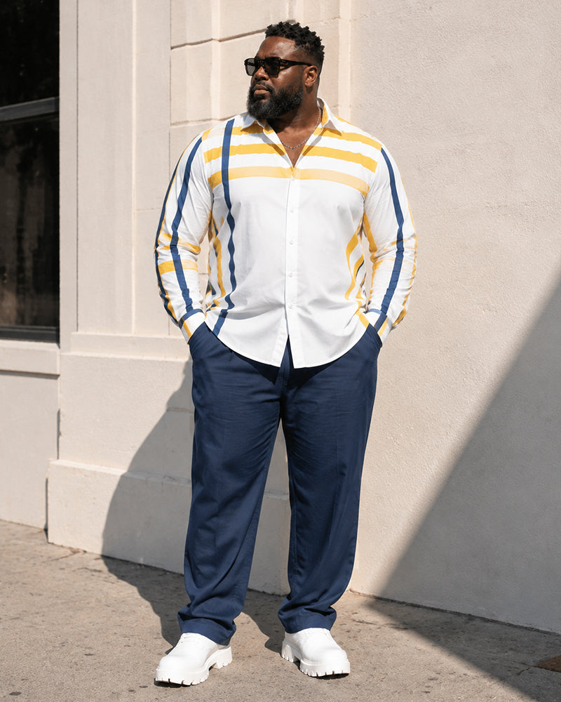 Big & Tall Men's Yellow And Blue Contrast Vertical Stripe Print Long Sleeve Shirt Pants Set
