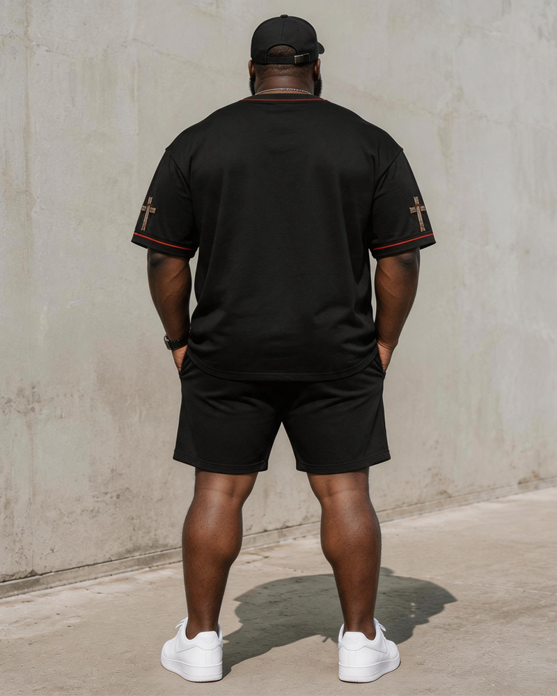 Big & Tall Men’s Thorned Cross JESUS Letter Print Crew-Neck Short-Sleeve T-Shirt And Shorts Set