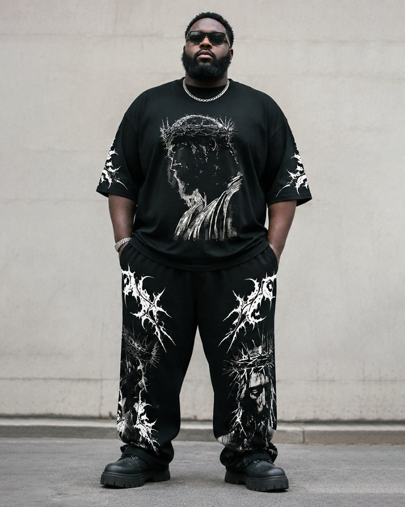 Big & Tall Men's Crown Of Thorns Jesus Head Printed T-Shirt Trousers Set