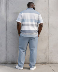 Big & Tall Men's Light Blue Gradient Horizontal Stripe Printed Polo Short Sleeve Trousers Set