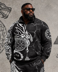 Big & Tall Men's Crack Dragon Compasses Totem Print Half-Zip Sweatshirt Set