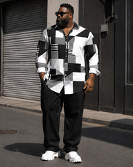 Big & Tall Men's Black And White Gray Geometric Block Printed Long Sleeve Shirt Trousers Set