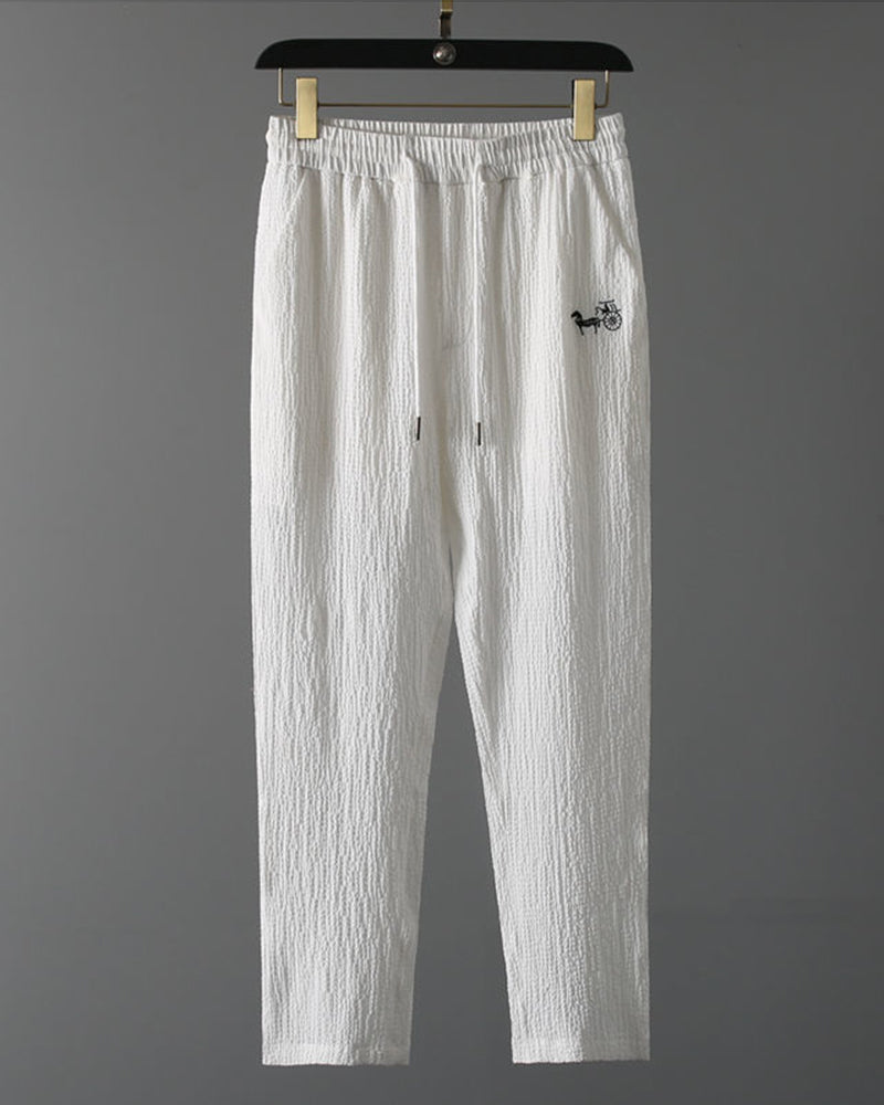 M-4XL Pleated Texture Henley Carriage Embroidered Short Sleeve Pants Set