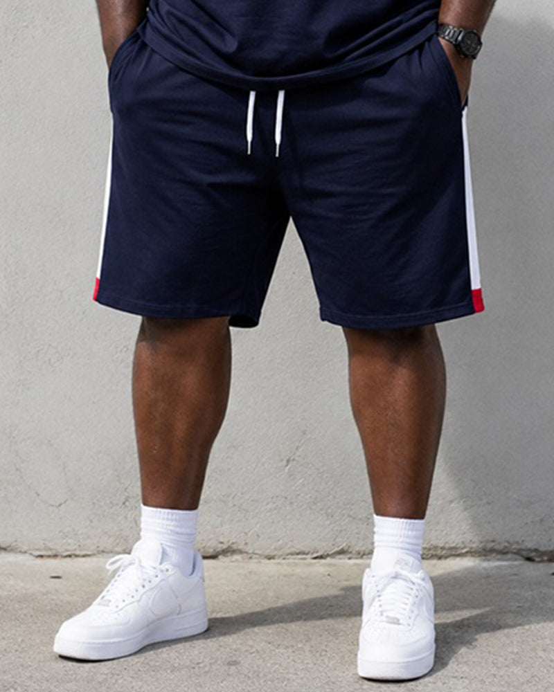 Big & Tall Men's Navy Blue White Red Contrast Striped Printed Crew Neck Short Sleeve T-shirt Shorts Set