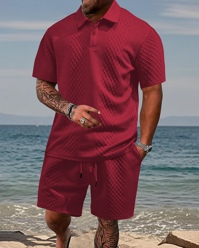 S-5XL Jacquard Men's Casual Sports Lapel Polo Shirt Short Sleeve Suit
