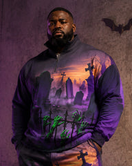 Big & Tall Men's Cemetery Zombie Hand Printed Half-Zip Sweat Set