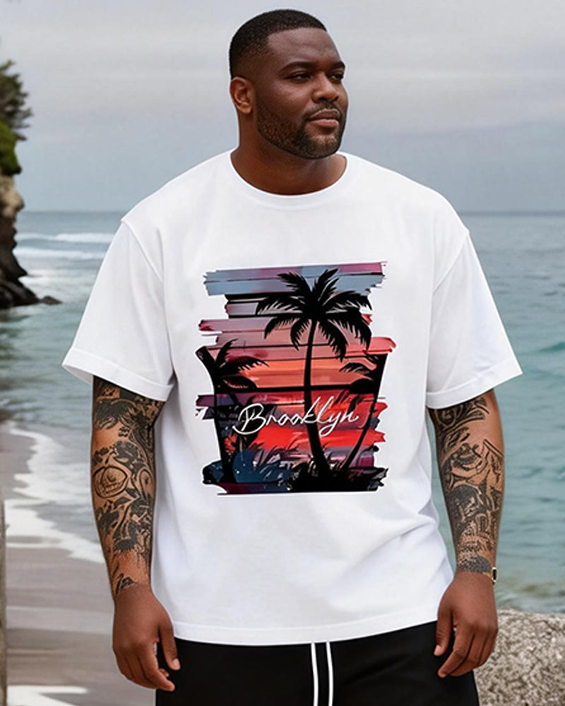 Big & Tall Men's Brooklyn Sunset Coconut Print Round Neck Short Sleeve T-Shirt Shorts Set