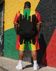 Big & Tall Men's Reggae Color Matching Drop Stitching Printed Crewneck Short Sleeve T-Shirt Shorts Set