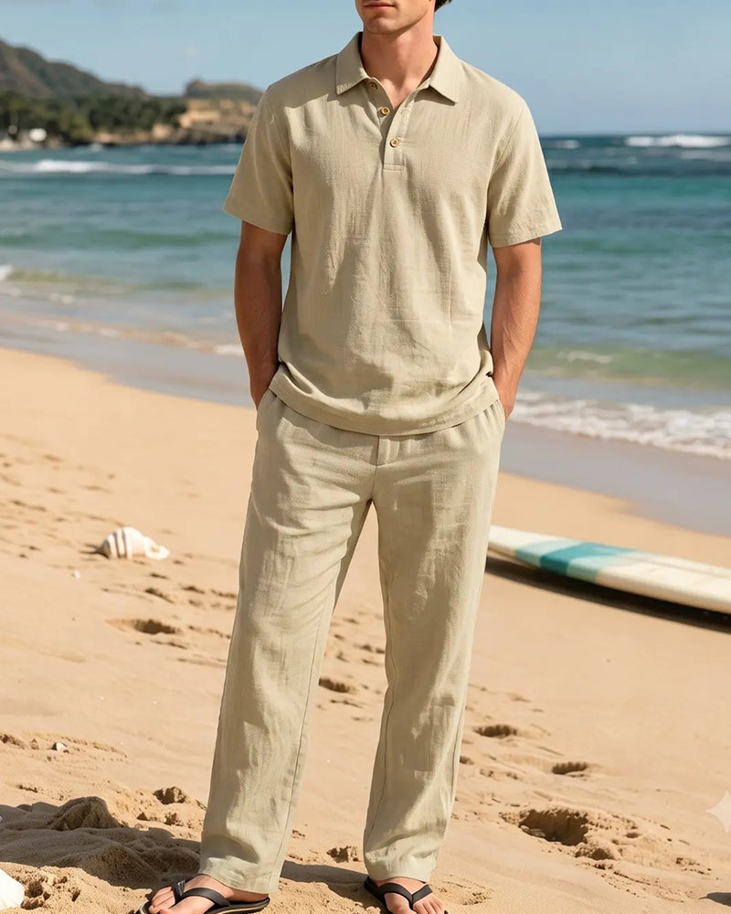 S-3XL Linen Lapel Short Sleeve Trousers Casual Suit