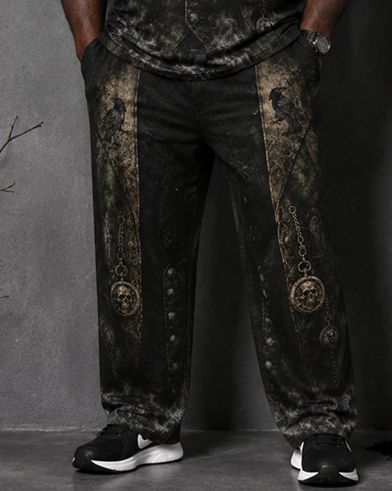 Big & Tall Men's Dark Green Crow Skull Castle Vest Printed T-shirt Pants Set