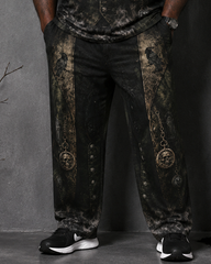 Big & Tall Men's Dark Green Crow Skull Castle Vest Printed T-shirt Pants Set