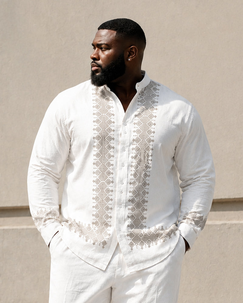 Big & Tall Men's Ethnic Geometric Printed Collar Long Sleeve Shirt Pants Set