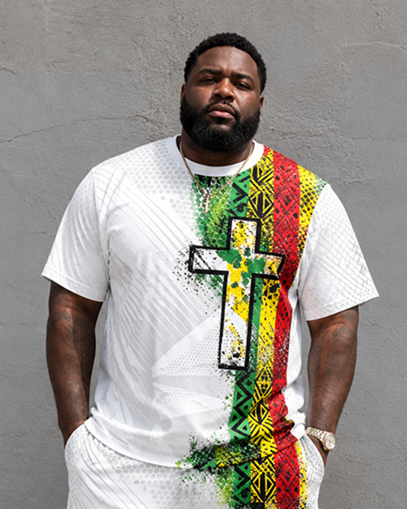 Big & Tall Men's Reggae Cross Printed Round Neck Short Sleeve T-Shirt Shorts Set
