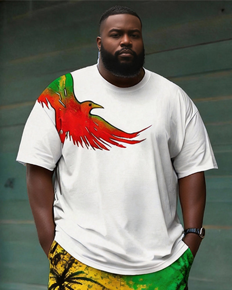 Big & Tall Men's Reggae Color Coconut Tree Print Round Neck Short Sleeve T-Shirt Shorts Set