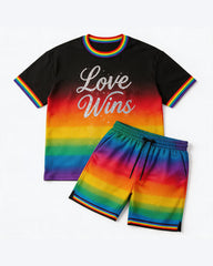 Big & Tall Men's Black Base Gradient Rainbow Love Wins Glitter Printed Round Neck Short Sleeve T-Shirt Shorts Set