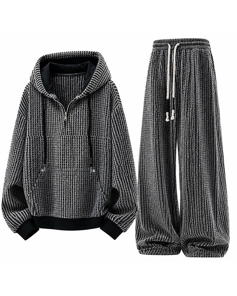 M–8XL Plus‑Size Men’s Houndstooth Half‑Zipped Hoodie Set