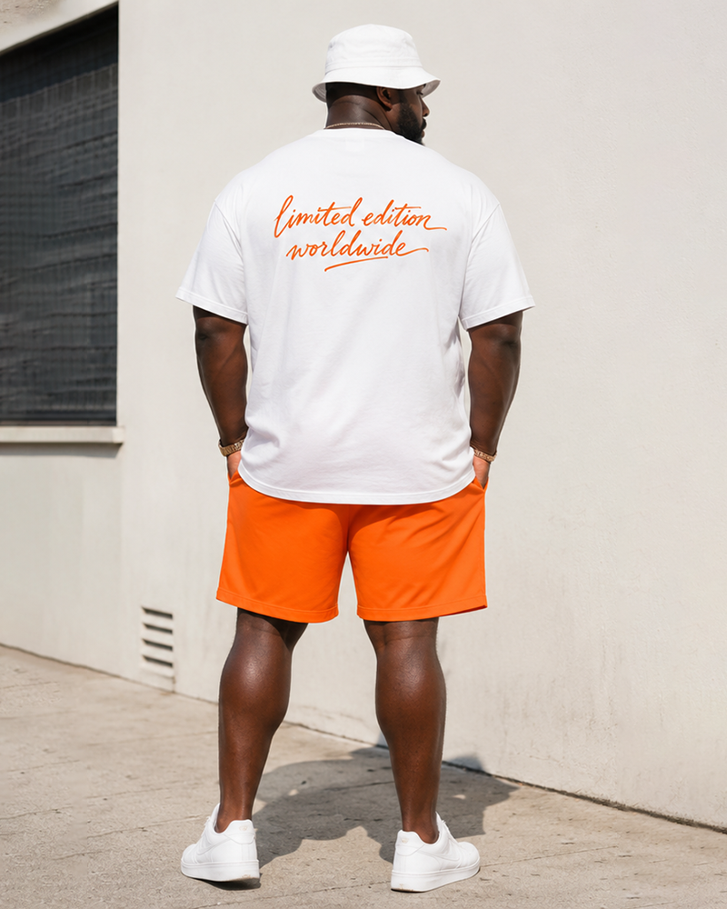 Big & Tall Men's Gradient Rose Handwritten English Printed Round Neck Short Sleeve T-shirt Shorts Set