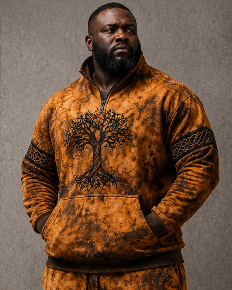 Big & Tall Men's Brown And Yellow Tie-Dye Tree Of Life Printed Half-Zip Sweat Set