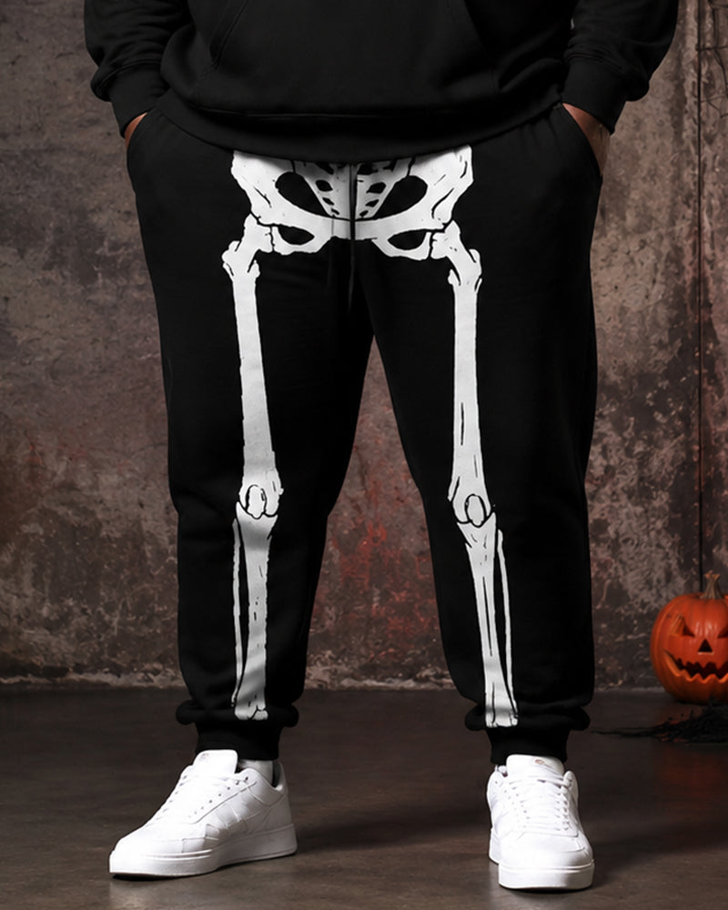 Big & Tall Men's Black And White Skull Skeleton Printed Half-Zip Sweat Set