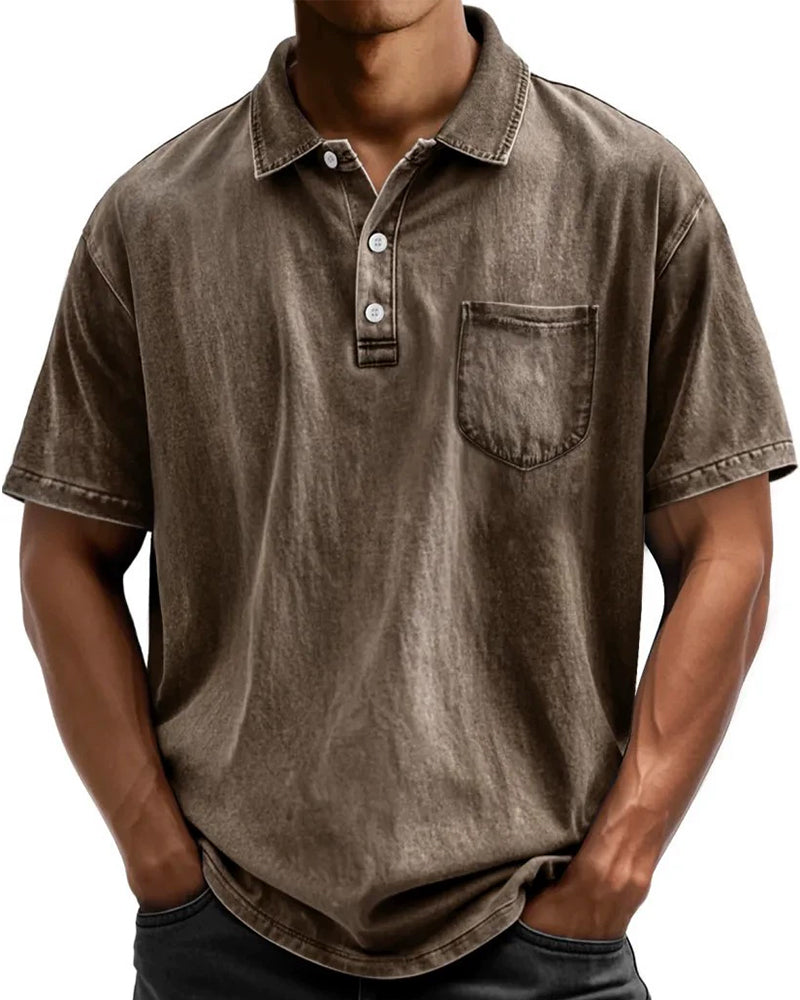 S-5XL Washed Cotton Casual All-Match Short-Sleeve Button-down Polo Shirt With Lapel Collar