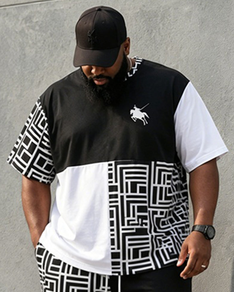Big & Tall Men's Black And White Geometric Stitching Polo Printed Round Neck Short Sleeve T-shirt Shorts Set