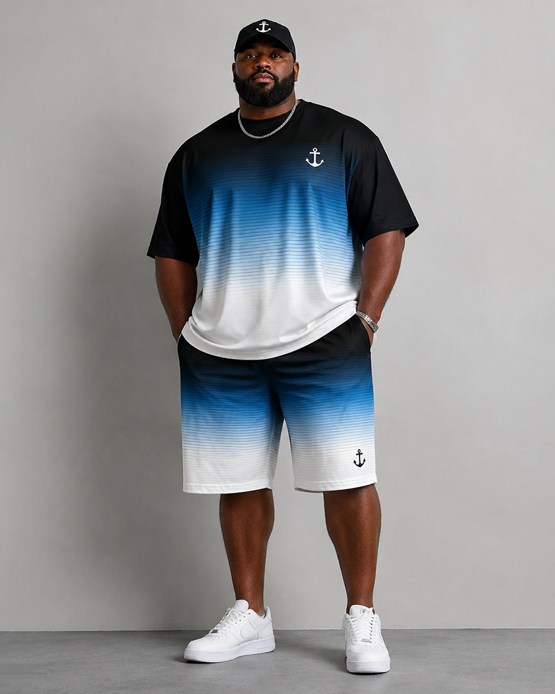 Big & Tall Men's Blue And White Gradient Stripe Anchor Printed Round Neck Short Sleeve T-Shirt Shorts Set