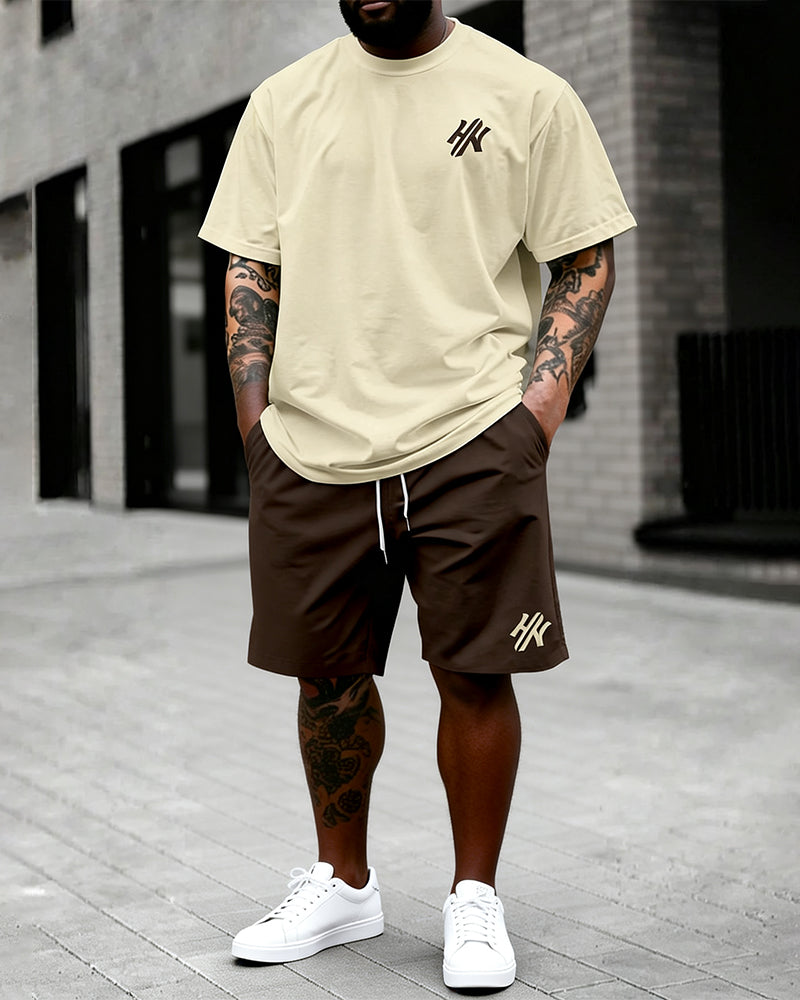 Big & Tall Men's Dark Brown Letter Print Round Neck Short Sleeve T-Shirt and Shorts Set