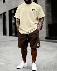 Big & Tall Men's Dark Brown Letter Print Round Neck Short Sleeve T-Shirt and Shorts Set