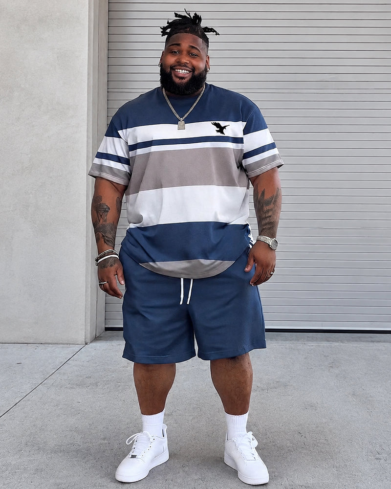 Big & Tall Men's Color Contrast Striped Flying Eagle Printed Crewneck Short Sleeve T-Shirt Shorts Set