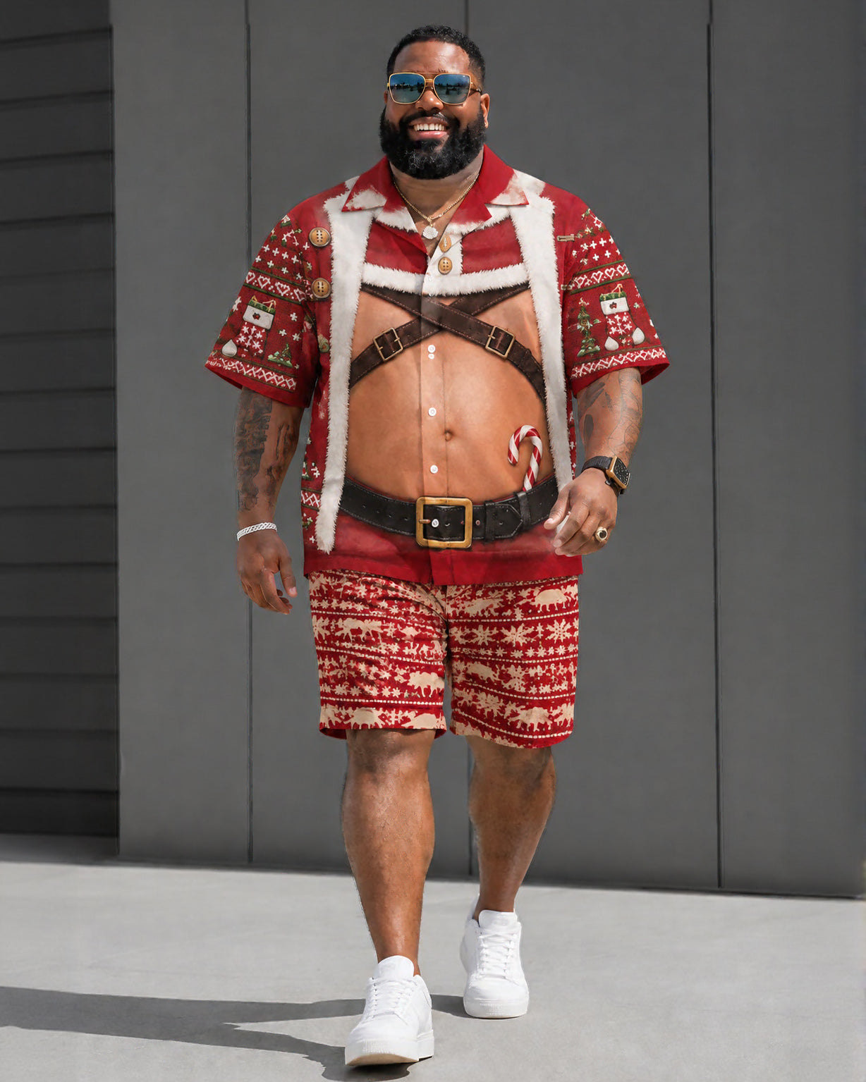 Big & Tall Men's Funny Santa Belly Christmas Short Sleeve Shirt Shorts Set